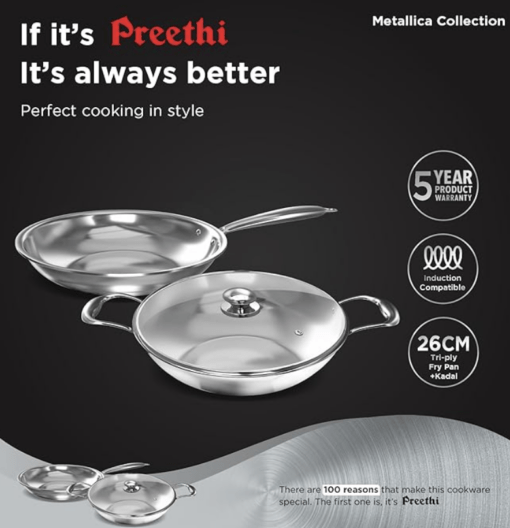 ‎Preethi Metallica Collection Triply Stainless Steel set, 26 cm Kadai with Glass Lid, 26 cm Fry Pan, Gas & Induction Compatible, Metal Spatula Friendly with 5 year product warranty - Image 2